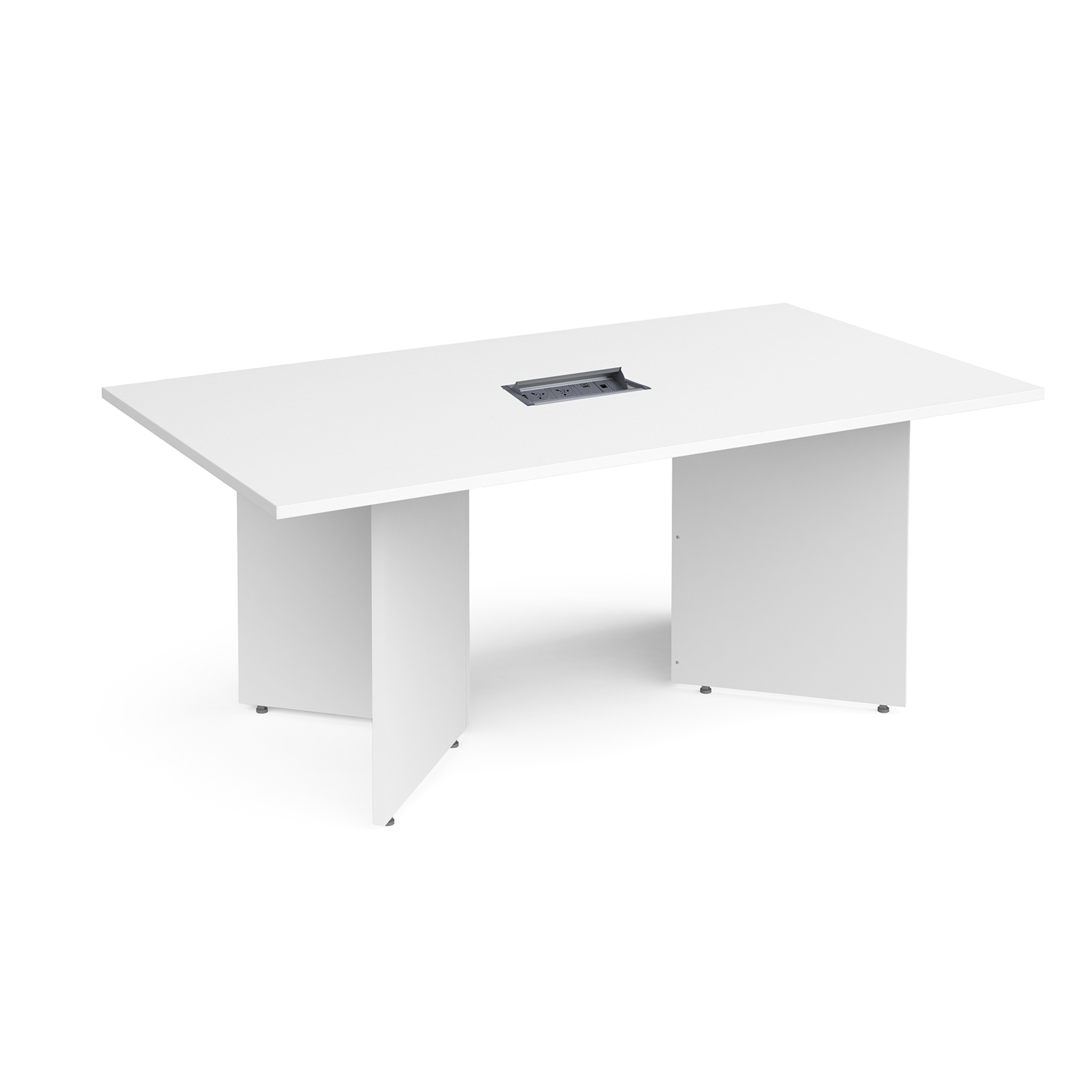 Boardroom / Meeting Arrow head leg rectangular boardroom table 1800mm x 1000mm in white with central cutout and Aero power module