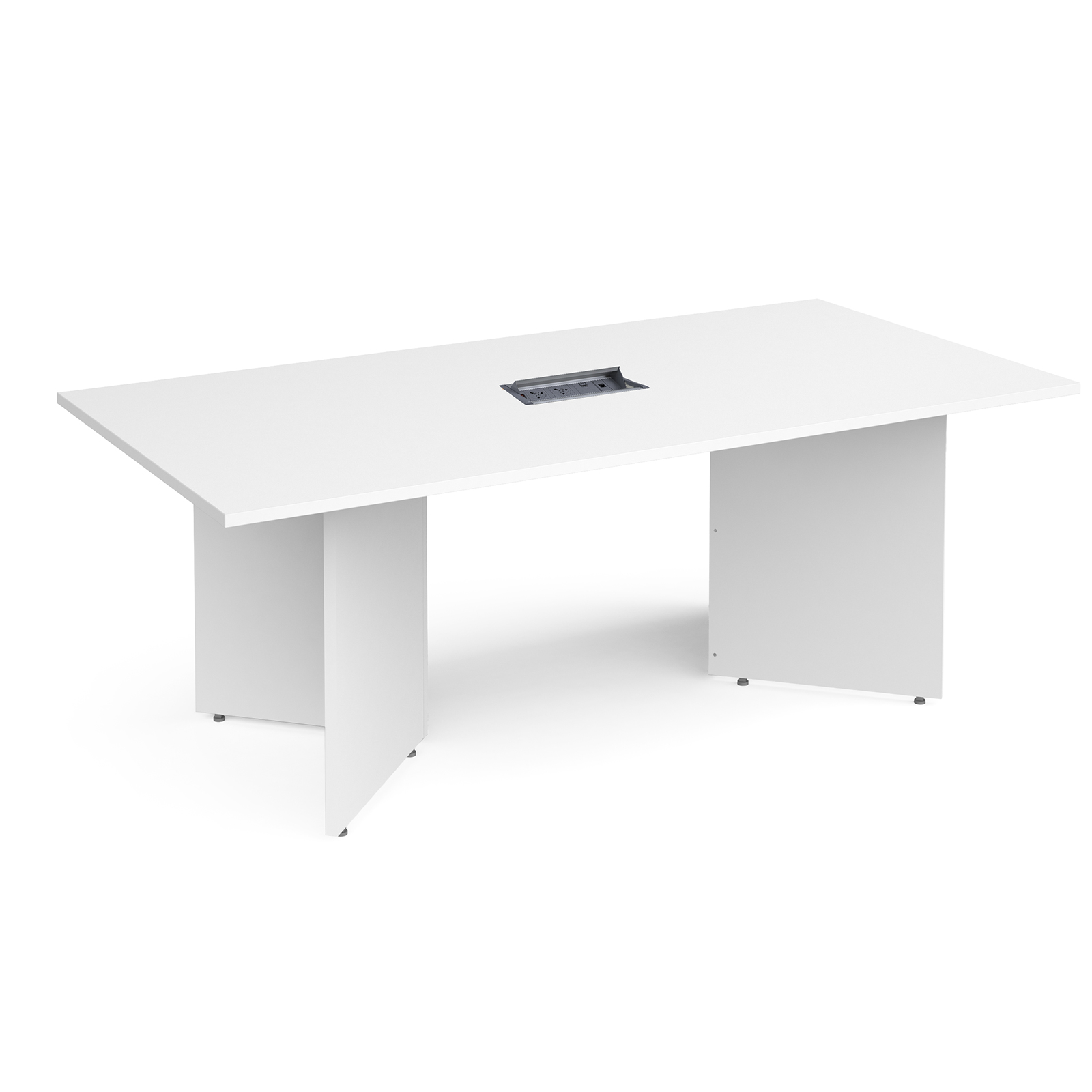 Boardroom / Meeting Arrow head leg rectangular boardroom table 2000mm x 1000mm in white with central cutout and Aero power module