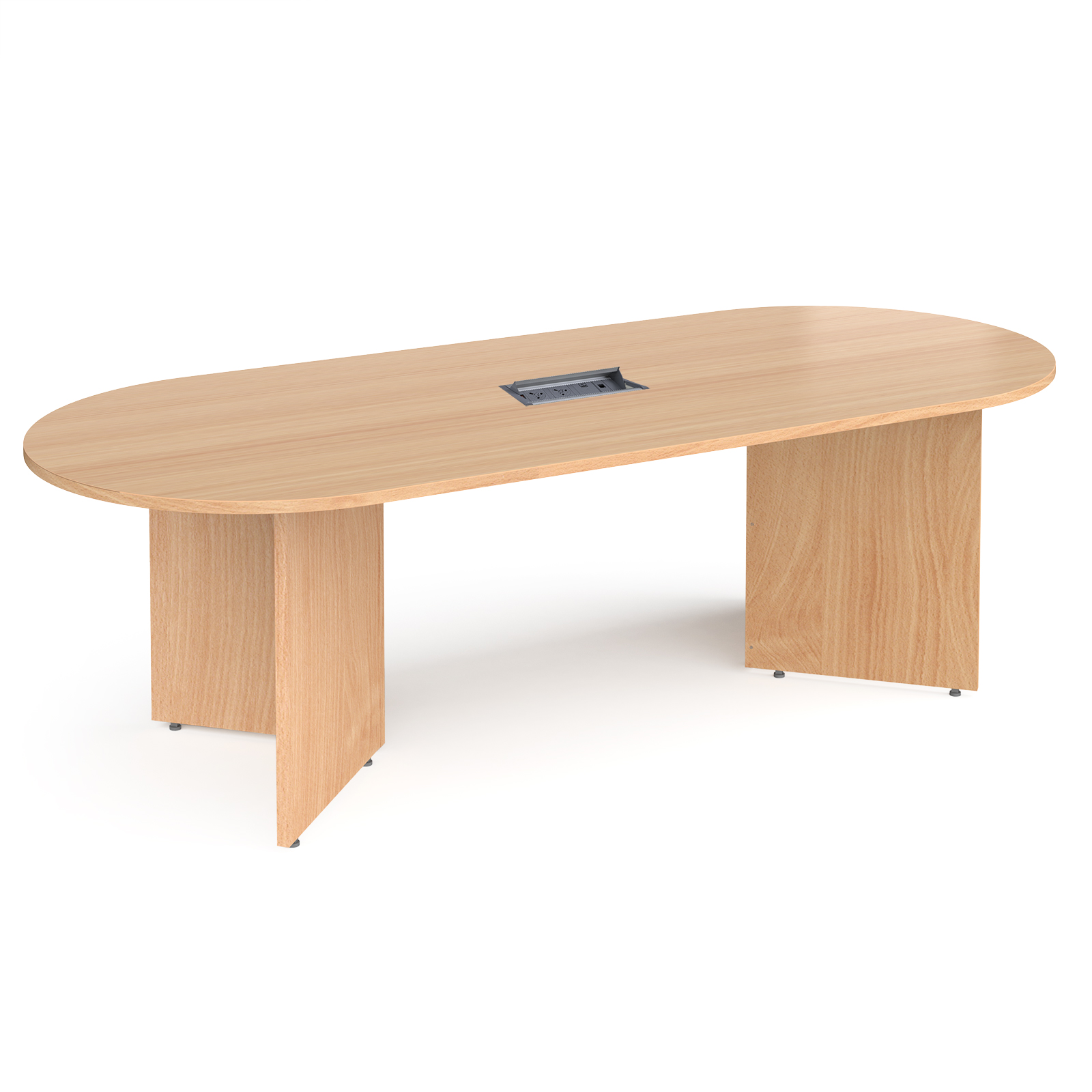 Boardroom / Meeting Arrow head leg radial end boardroom table 2400mm x 1000mm in beech with central cutout and Aero power module