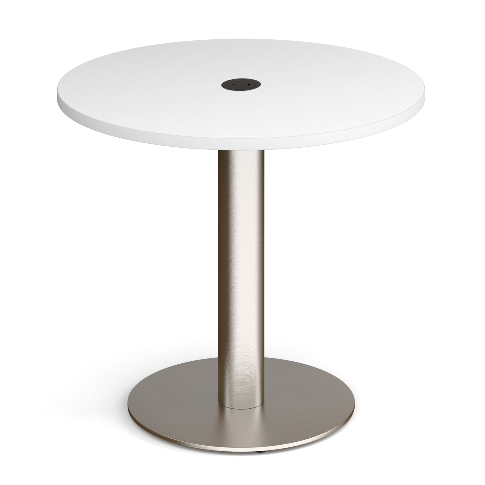 Boardroom / Meeting Monza circular dining table 800mm in white with central circular cutout and Ion power module in black