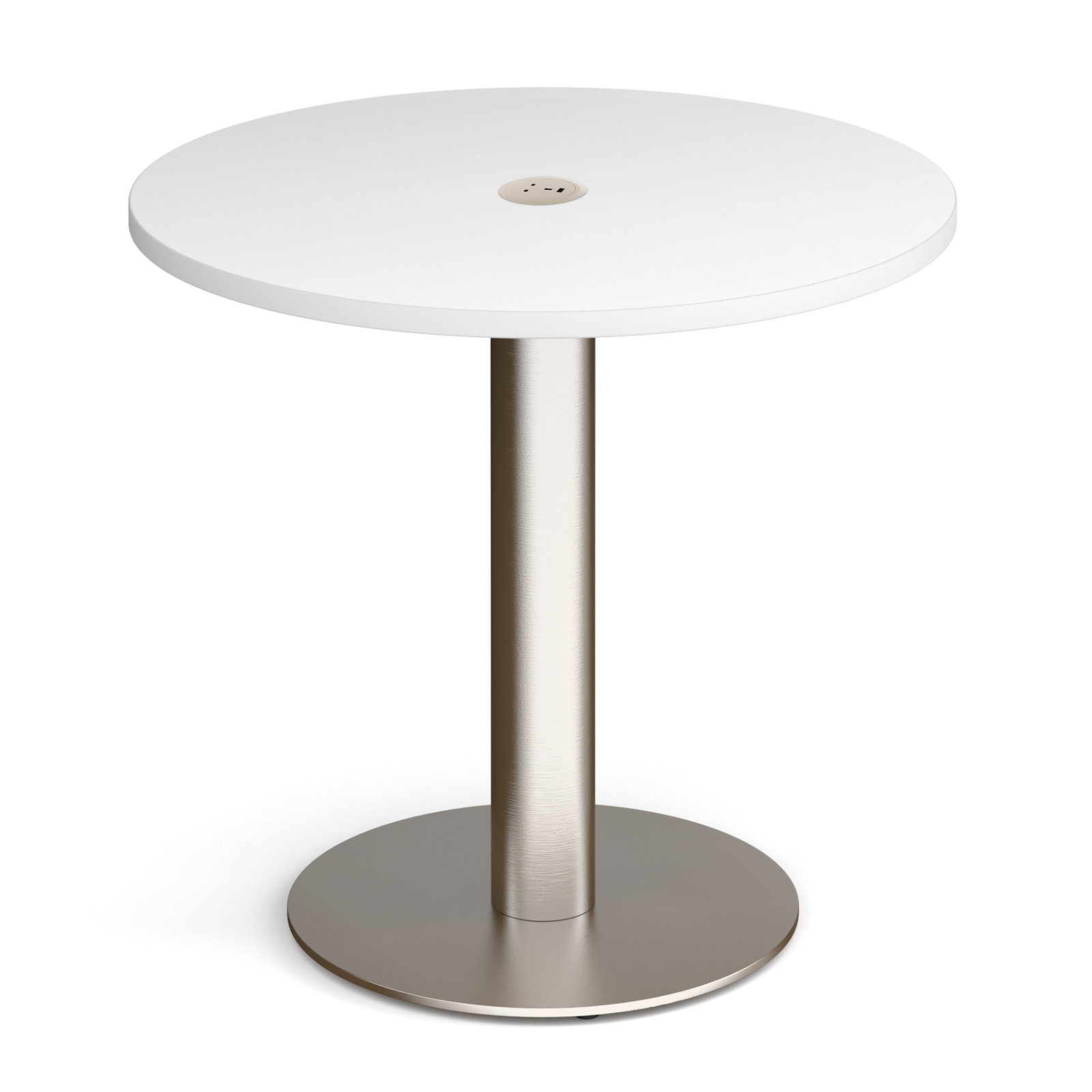 Boardroom / Meeting Monza circular dining table 800mm in white with central circular cutout and Ion power module in white