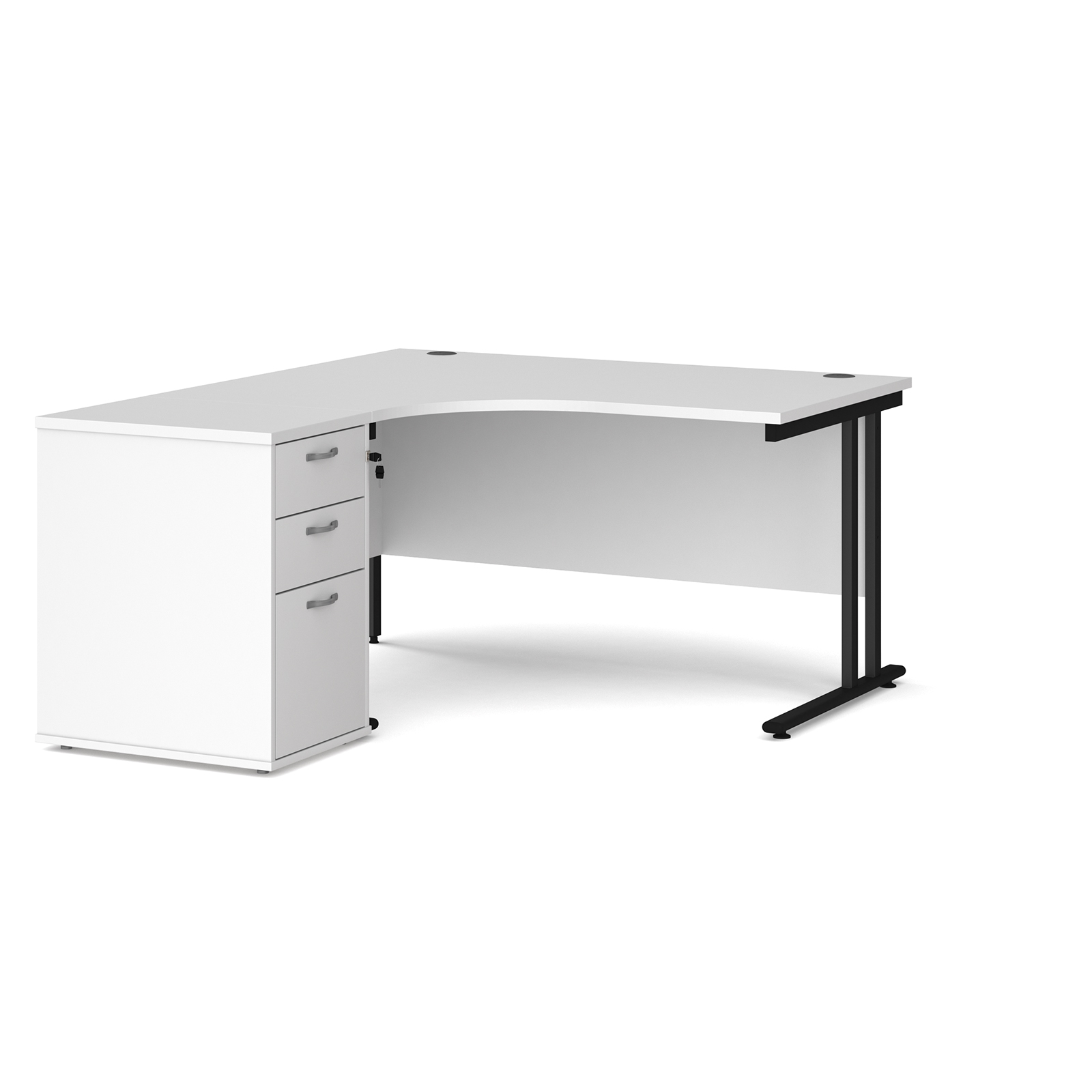 Left Handed Maestro 25 left hand ergonomic desk 1400mm with black cantilever frame and desk high pedestal - white