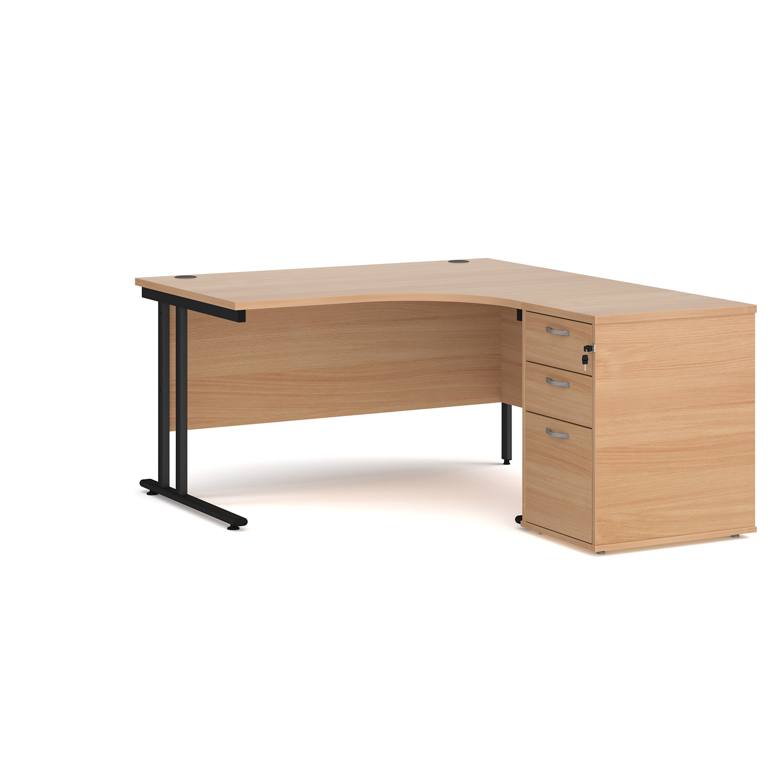 Right Handed Maestro 25 right hand ergonomic desk 1400mm with black cantilever frame and desk high pedestal - beech