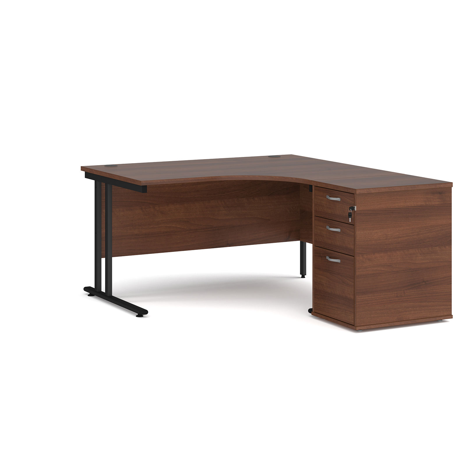 Right Handed Maestro 25 right hand ergonomic desk 1400mm with black cantilever frame and desk high pedestal - walnut