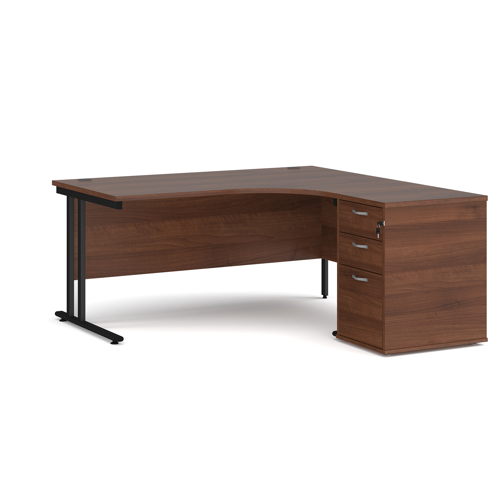 Right Handed Maestro 25 right hand ergonomic desk 1600mm with black cantilever frame and desk high pedestal - walnut