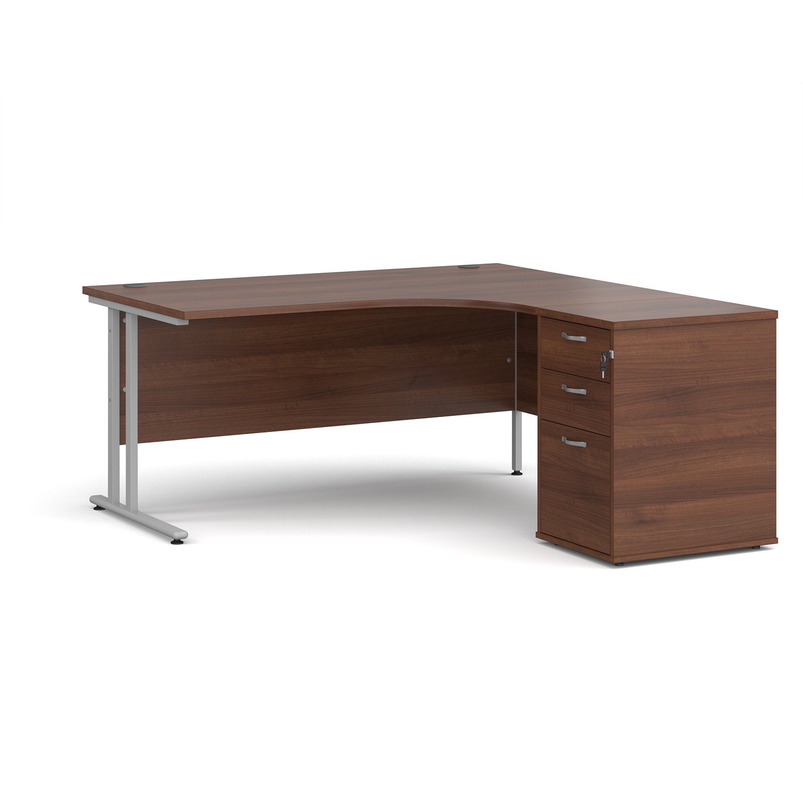 Right Handed Maestro 25 right hand ergonomic desk 1600mm with silver cantilever frame and desk high pedestal - walnut