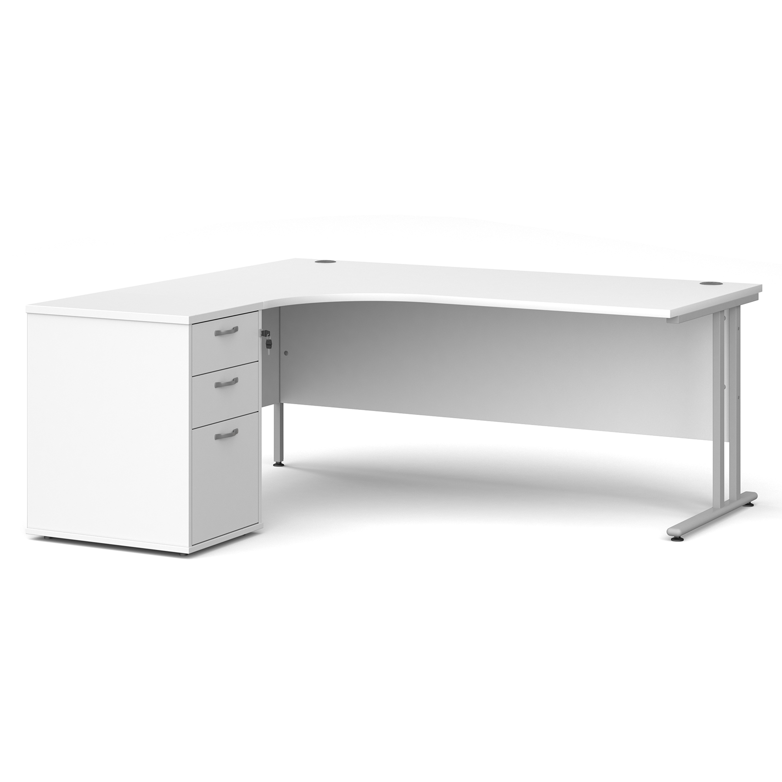 Left Handed Maestro 25 left hand ergonomic desk 1800mm with silver cantilever frame and desk high pedestal - white