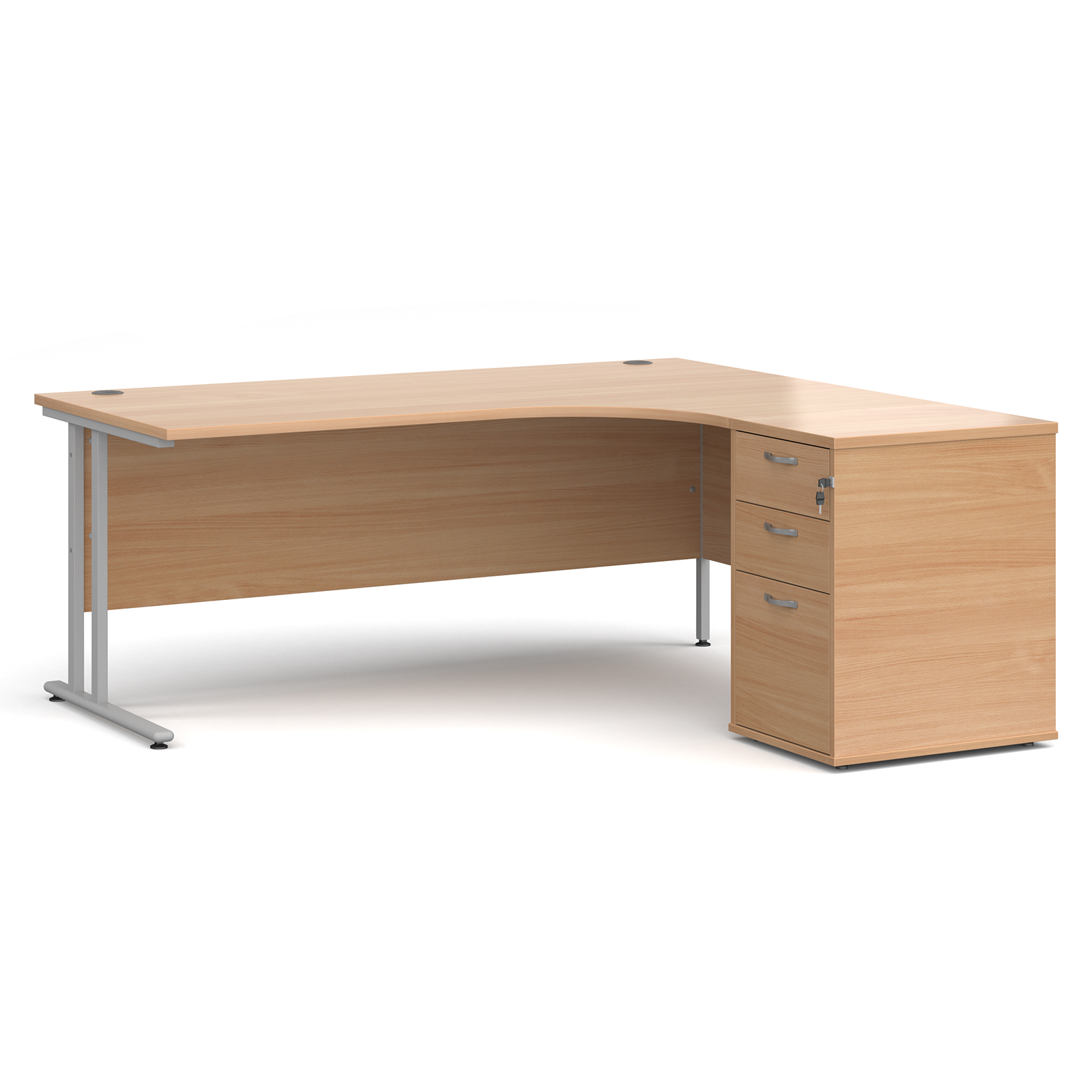 Right Handed Maestro 25 right hand ergonomic desk 1800mm with silver cantilever frame and desk high pedestal - beech