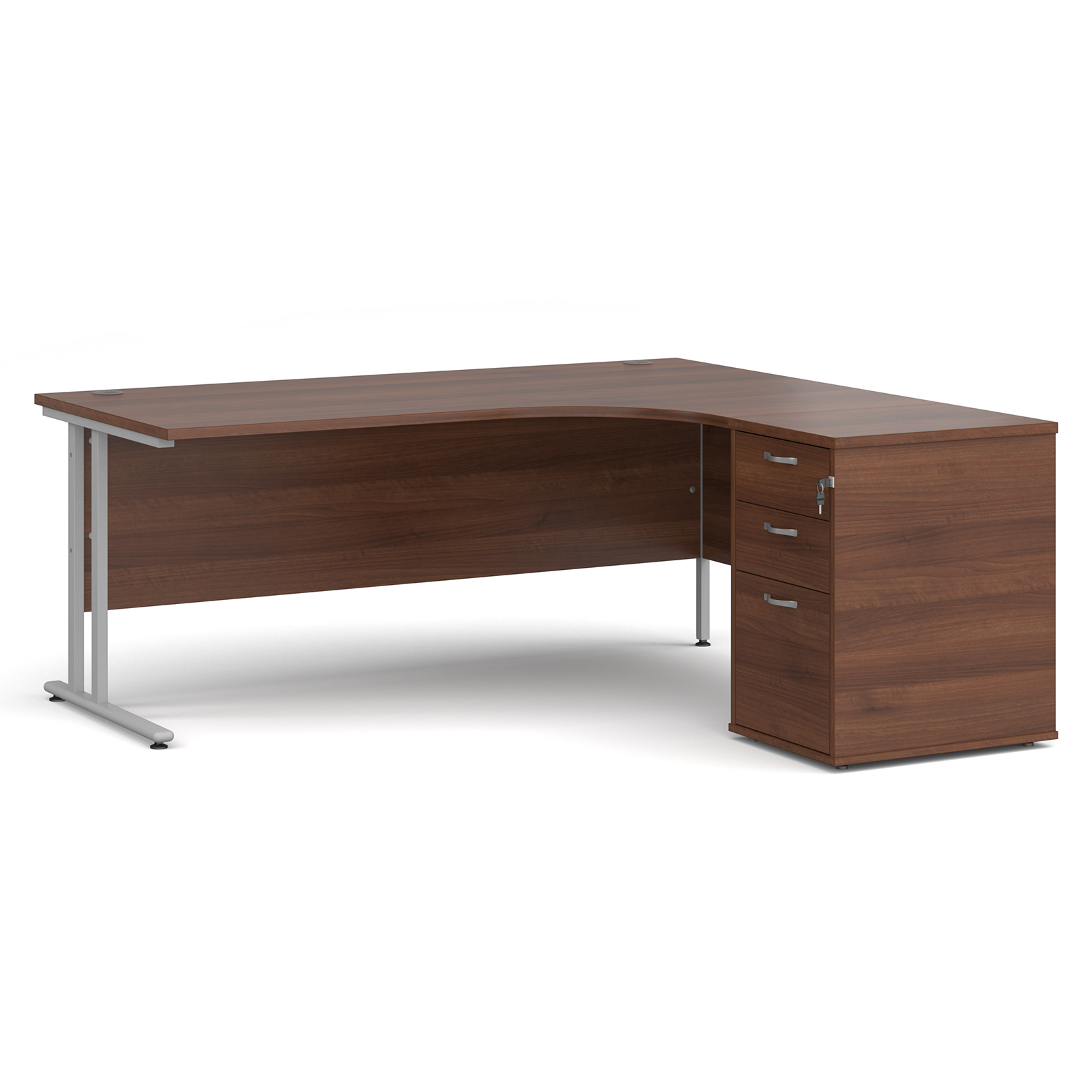 Right Handed Maestro 25 right hand ergonomic desk 1800mm with silver cantilever frame and desk high pedestal - walnut