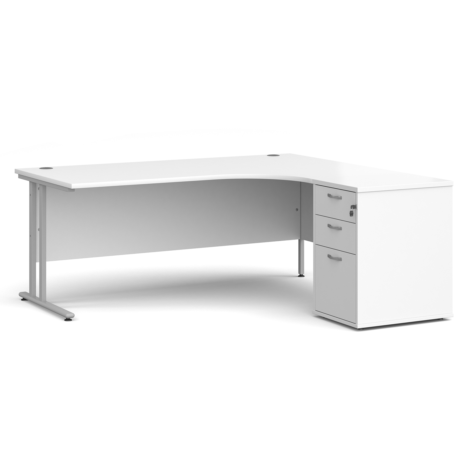 Right Handed Maestro 25 right hand ergonomic desk 1800mm with silver cantilever frame and desk high pedestal - white