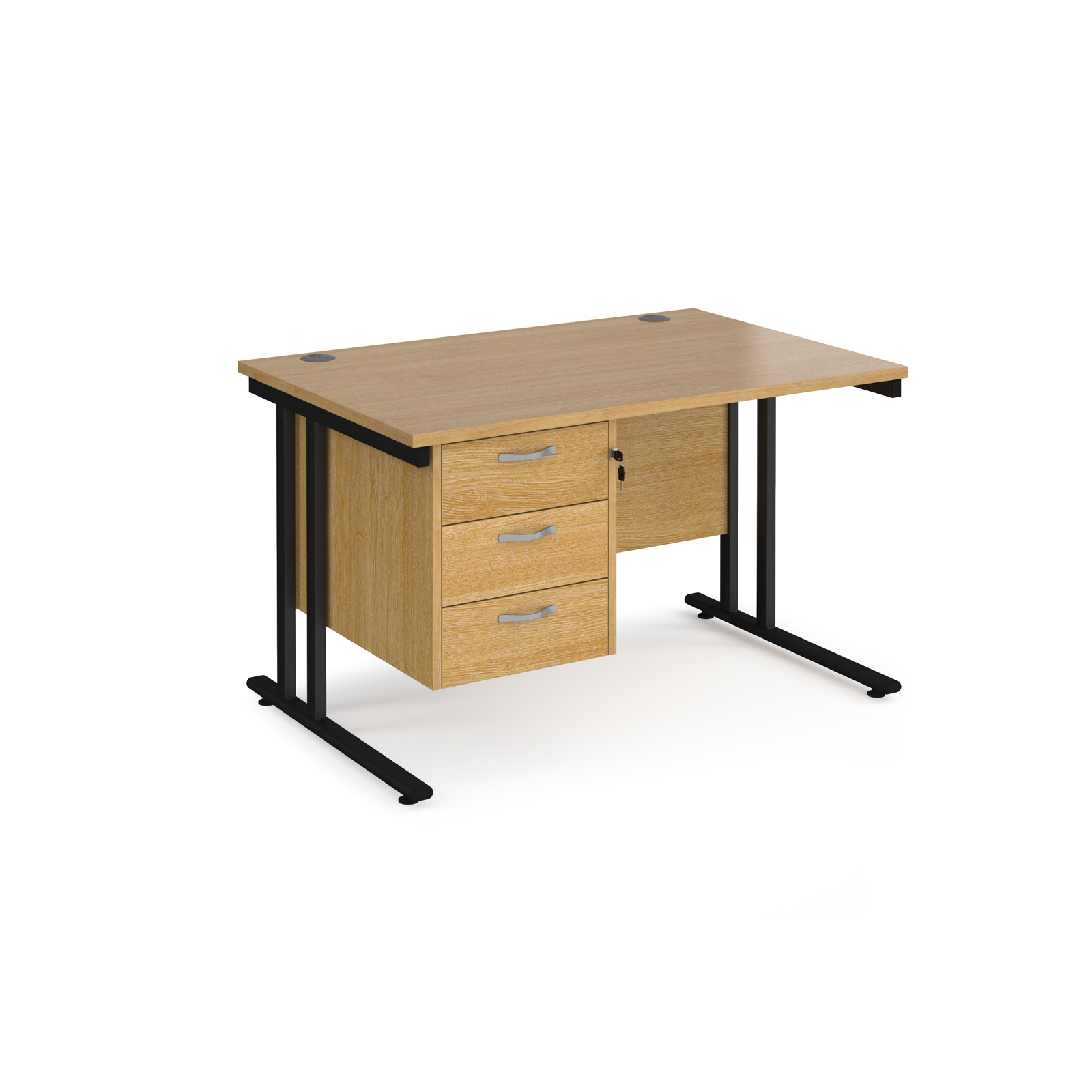 Rectangular Desks Maestro 25 straight desk 1200mm x 800mm with 3 drawer pedestal - black cantilever leg frame, oak top