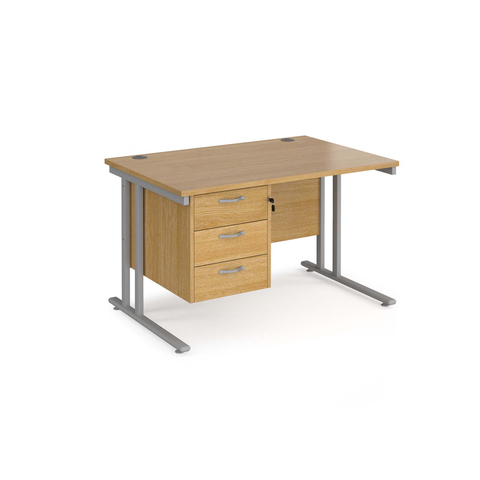 Rectangular Desks Maestro 25 straight desk 1200mm x 800mm with 3 drawer pedestal - silver cantilever leg frame, oak top