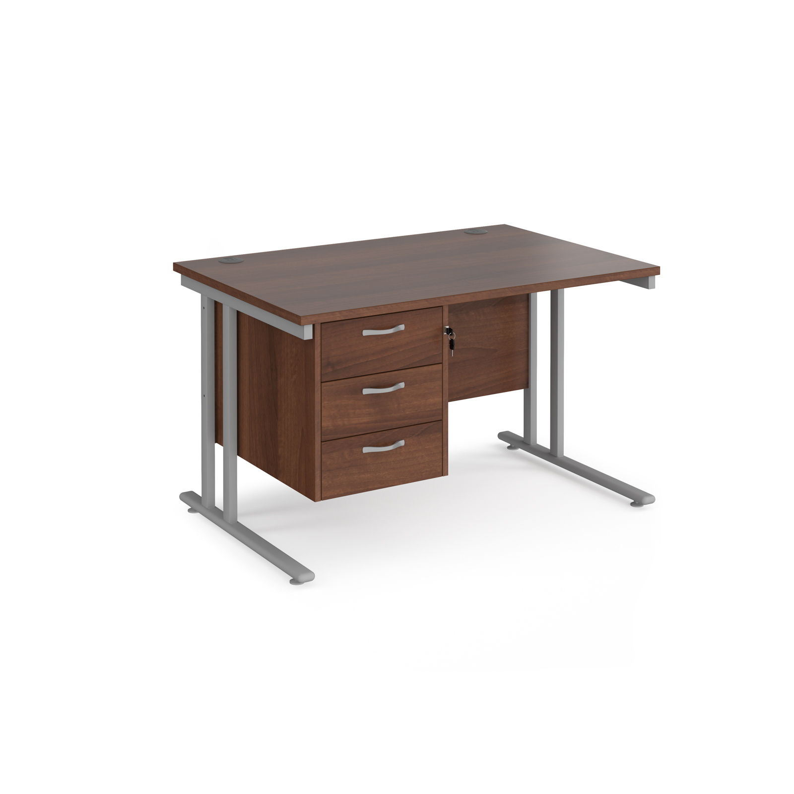 Rectangular Desks Maestro 25 straight desk 1200mm x 800mm with 3 drawer pedestal - silver cantilever leg frame, walnut top