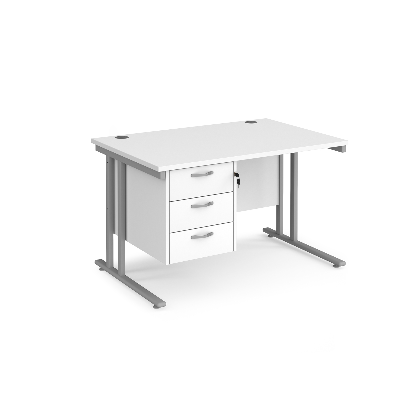 Rectangular Desks Maestro 25 straight desk 1200mm x 800mm with 3 drawer pedestal - silver cantilever leg frame, white top