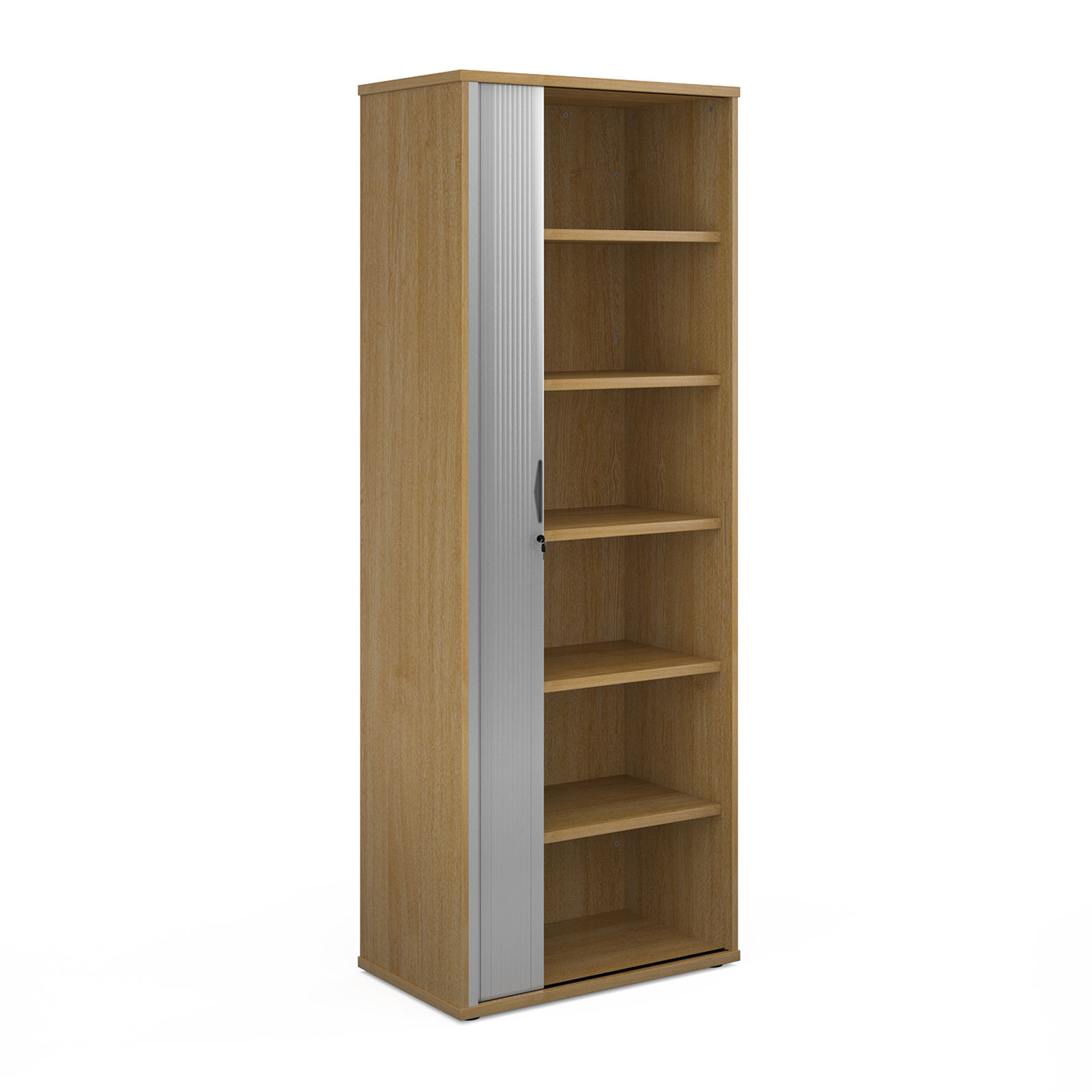 Over 1200mm High Universal single door tambour cupboard 2140mm high with 5 shelves - oak with silver door