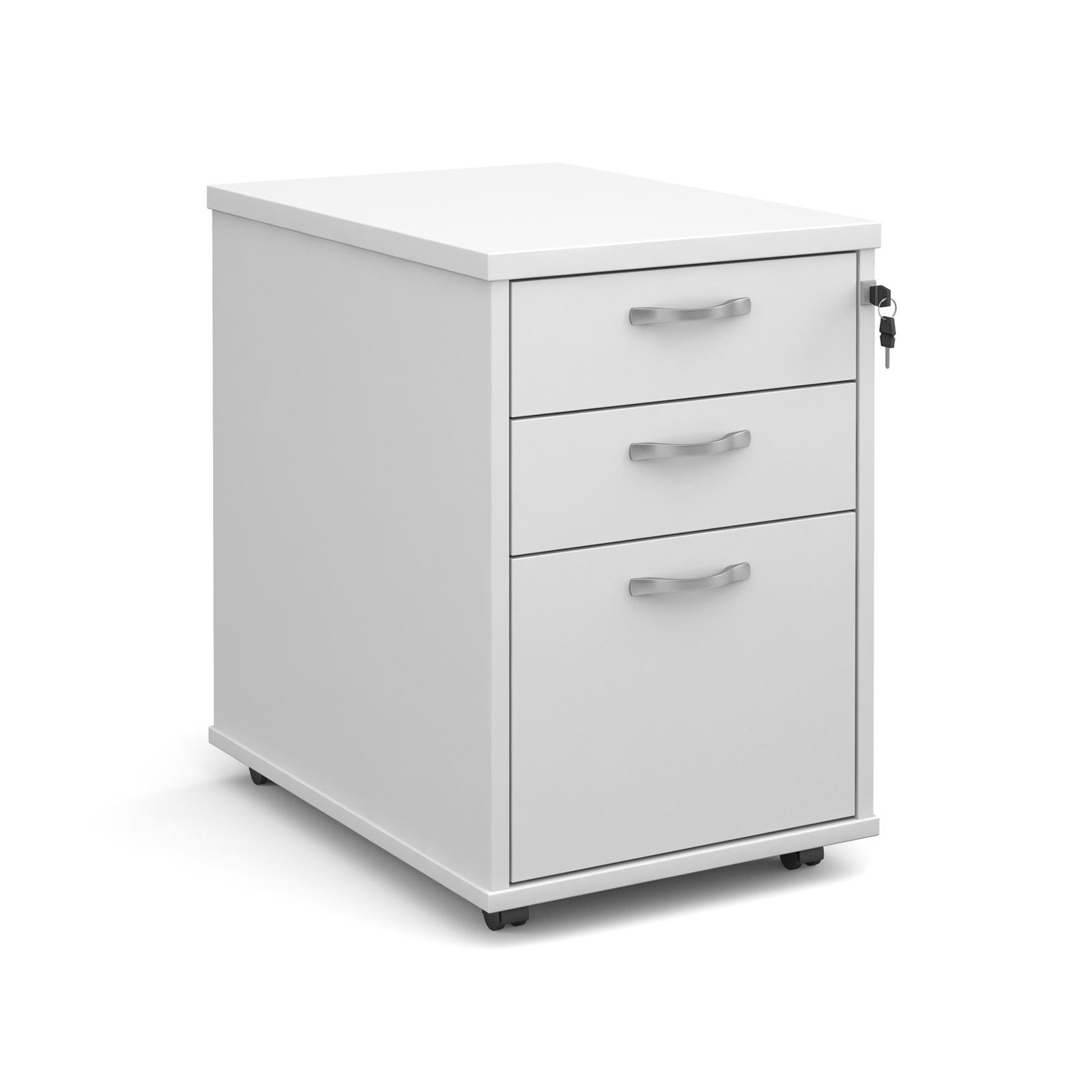 3 Drawer Tall mobile 3 drawer pedestal with silver handles 600mm deep - white
