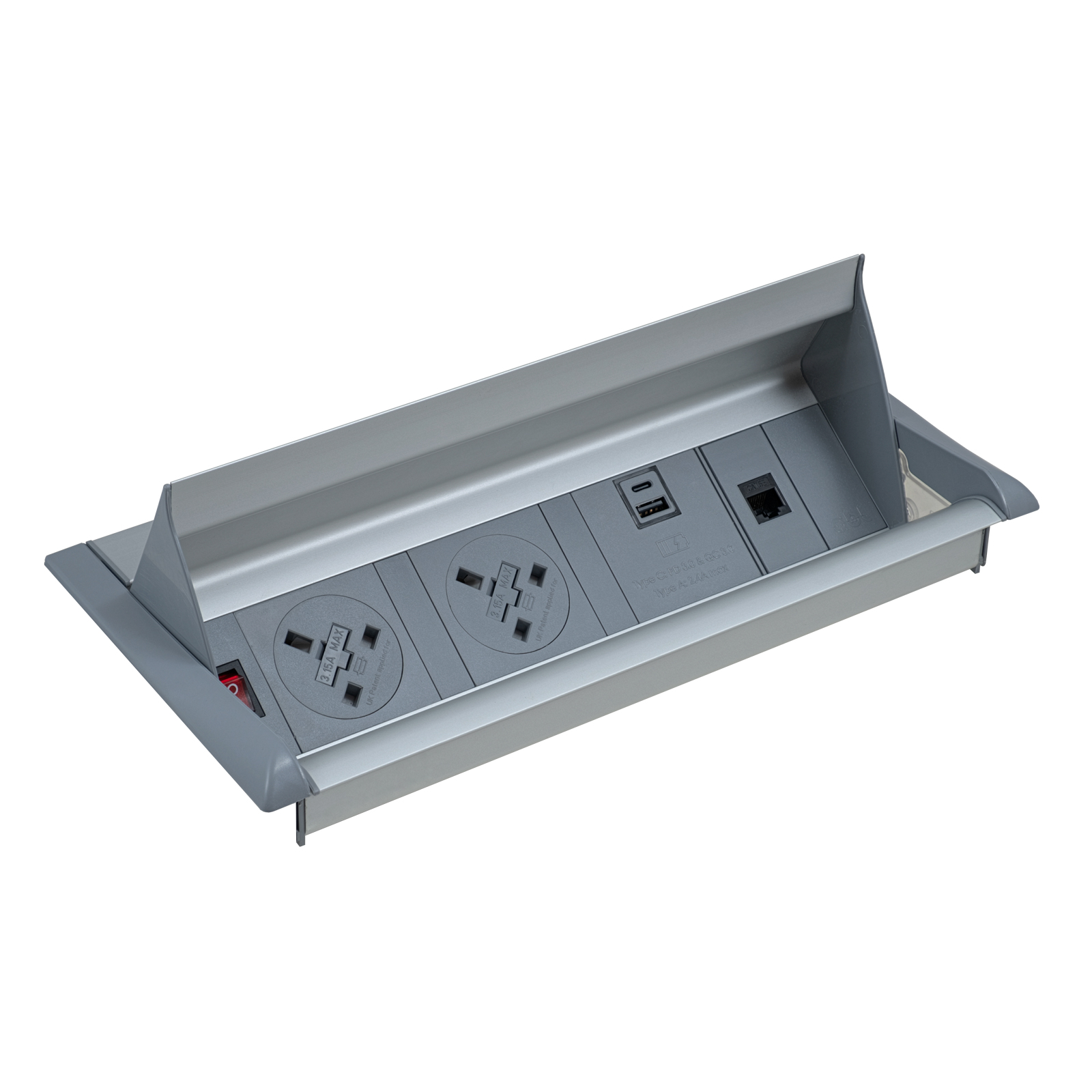 Plug Socket Aero fliptop in-table power module  x UK sockets, 1 x RJ45 socket, 1 x twin USB fast charge - grey/silver