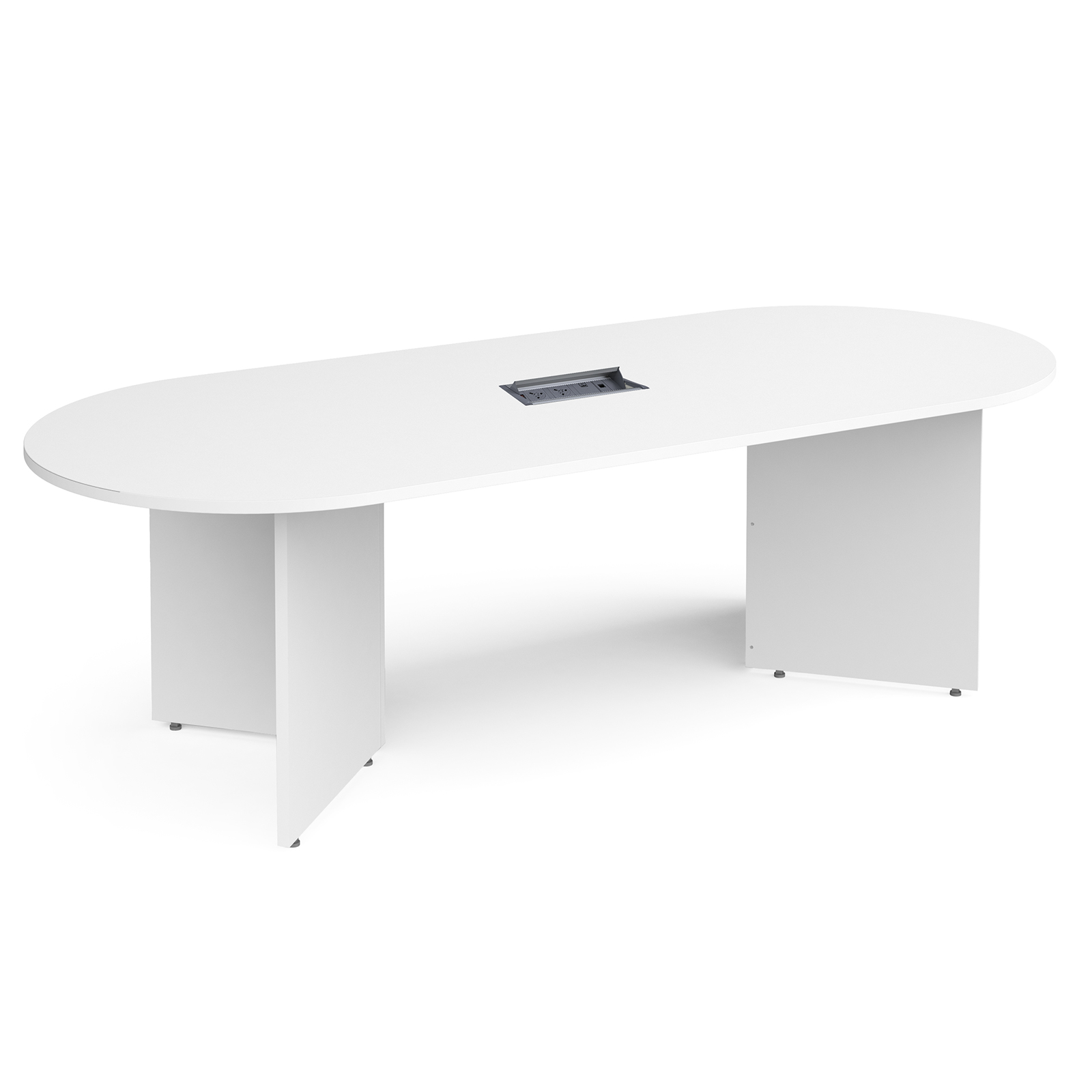 Boardroom / Meeting Arrow head leg radial end boardroom table 2400mm x 1000mm in white with central cutout and Aero power module