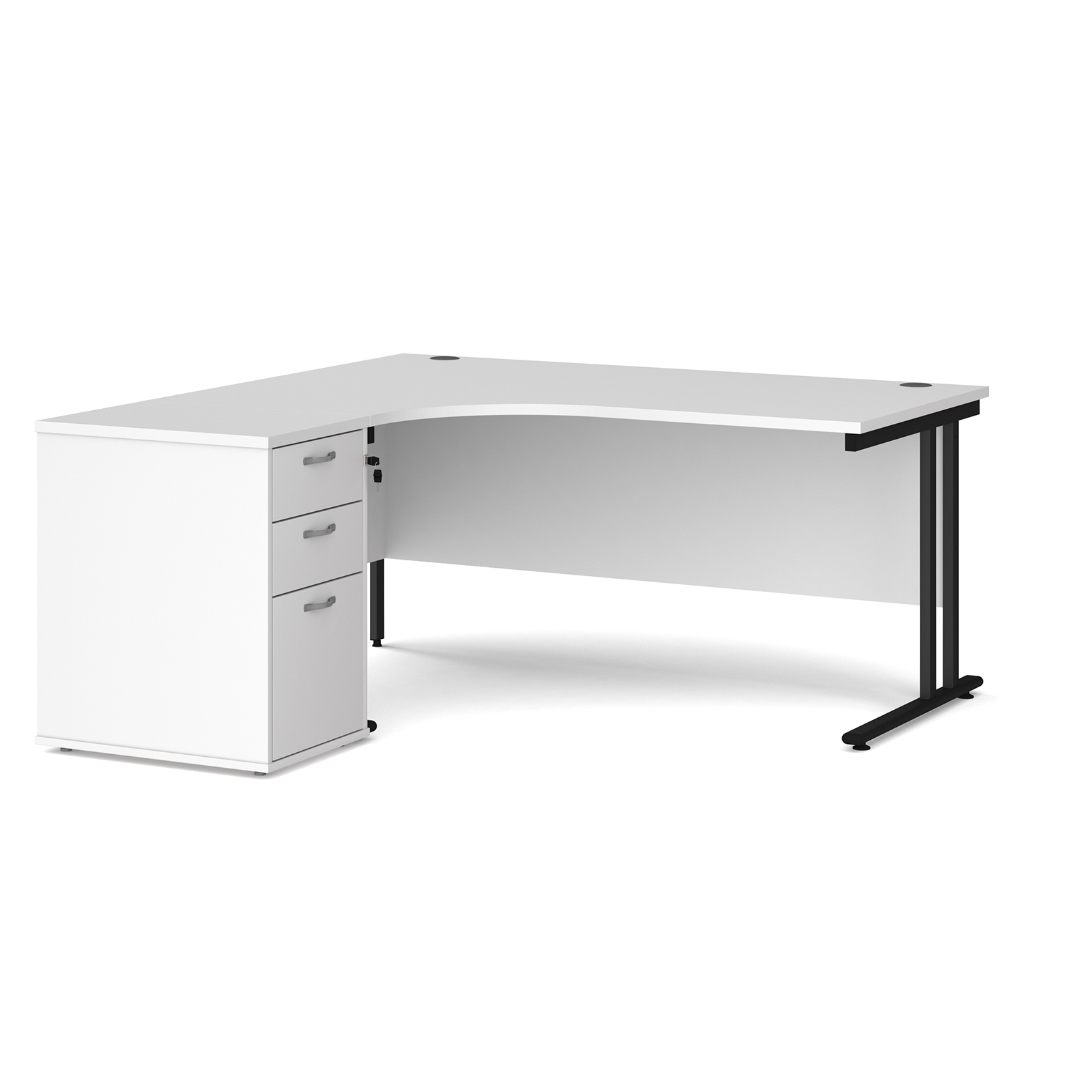 Left Handed Maestro 25 left hand ergonomic desk 1600mm with black cantilever frame and desk high pedestal - white