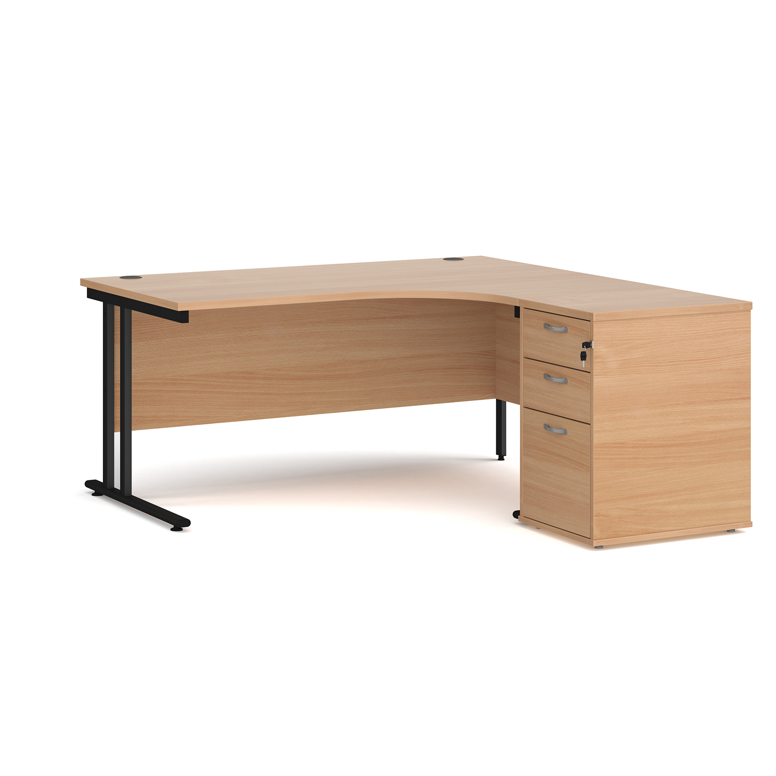 Right Handed Maestro 25 right hand ergonomic desk 1600mm with black cantilever frame and desk high pedestal - beech