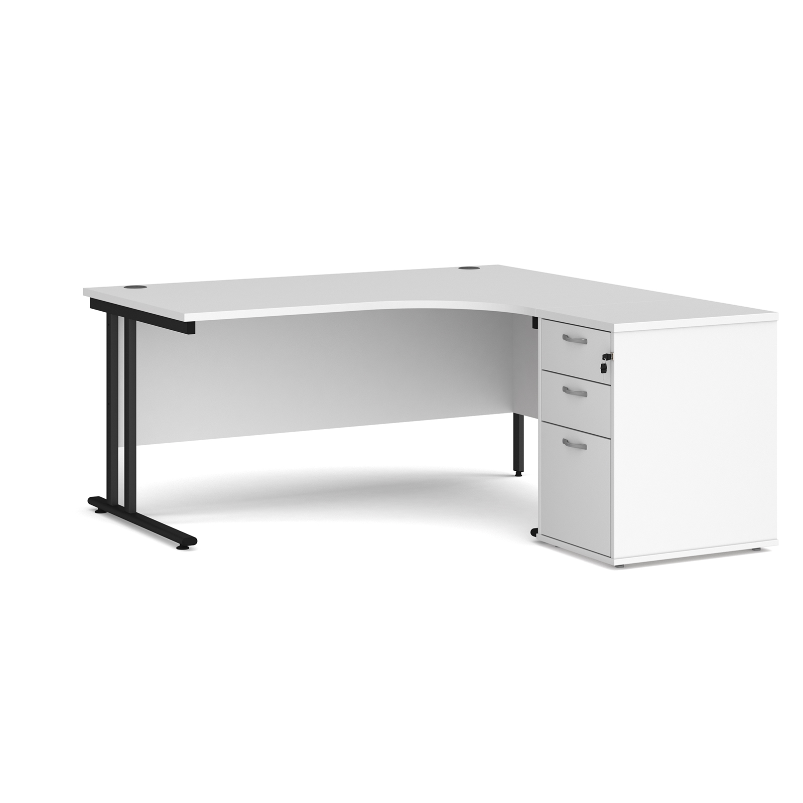 Right Handed Maestro 25 right hand ergonomic desk 1600mm with black cantilever frame and desk high pedestal - white