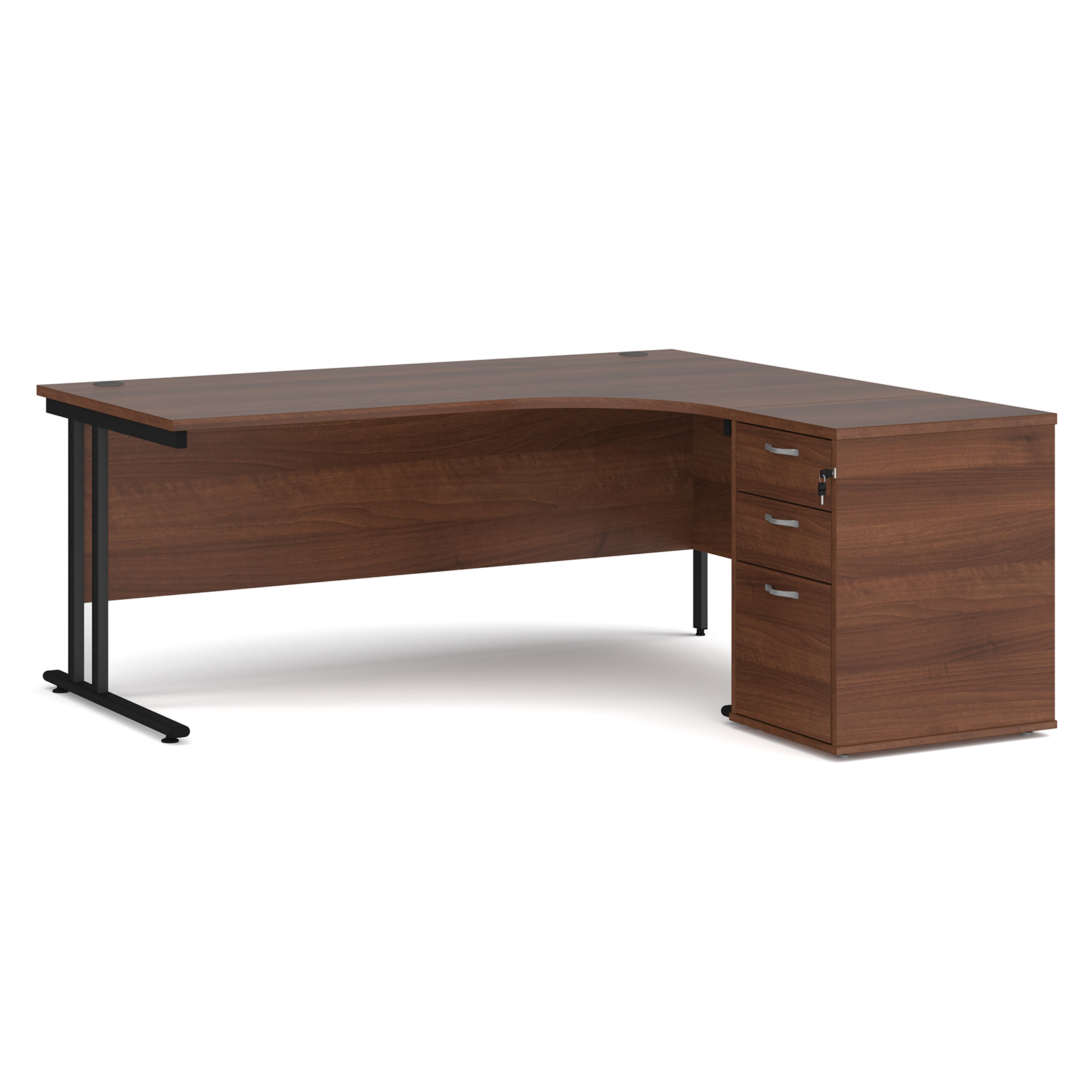 Right Handed Maestro 25 right hand ergonomic desk 1800mm with black cantilever frame and desk high pedestal - walnut
