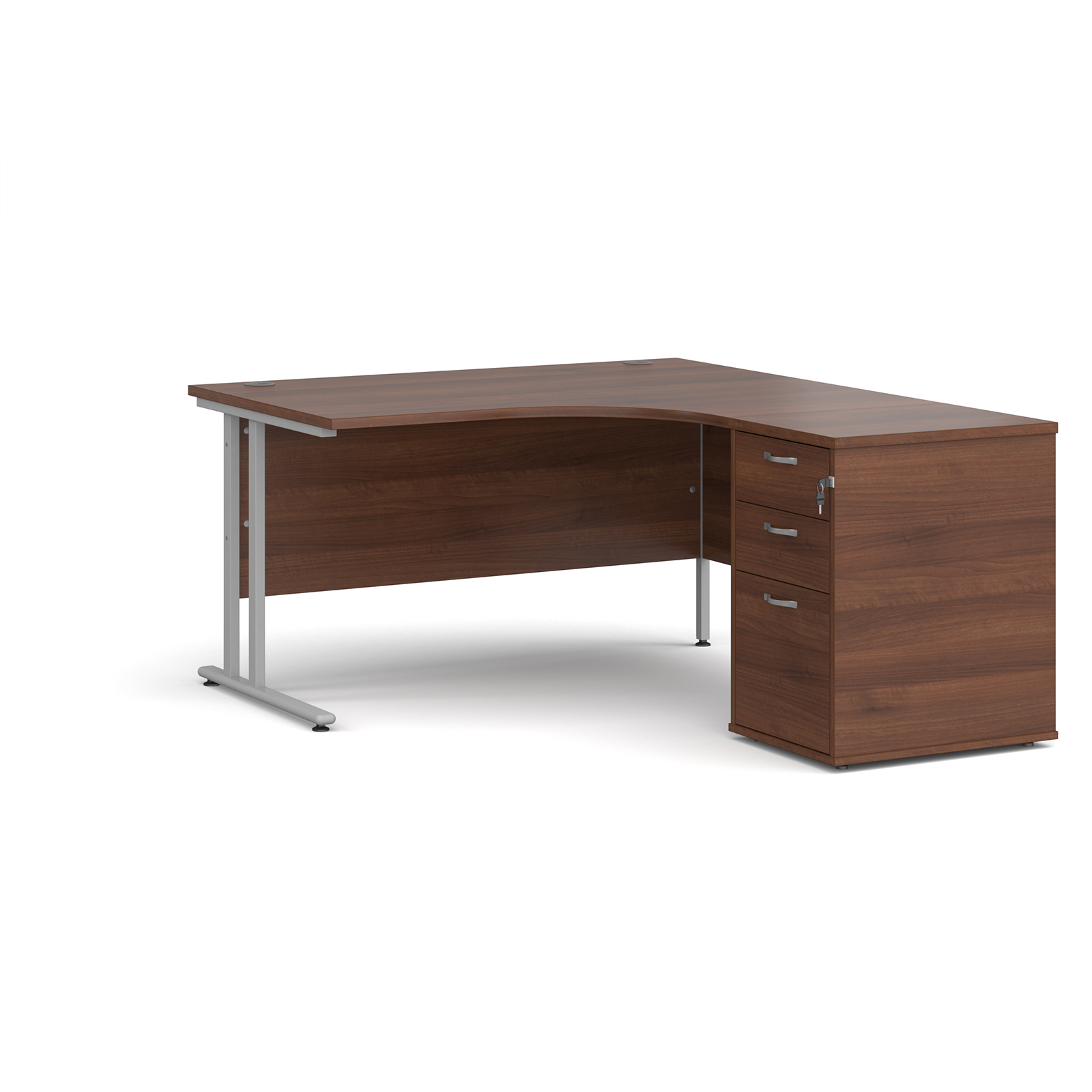 Right Handed Maestro 25 right hand ergonomic desk 1400mm with silver cantilever frame and desk high pedestal - walnut