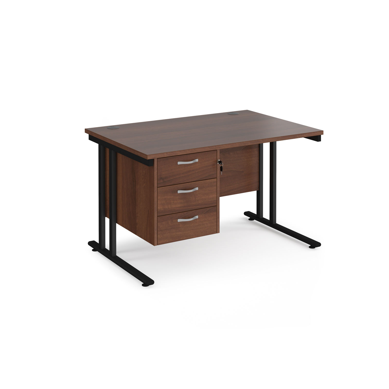 Rectangular Desks Maestro 25 straight desk 1200mm x 800mm with 3 drawer pedestal - black cantilever leg frame, walnut top