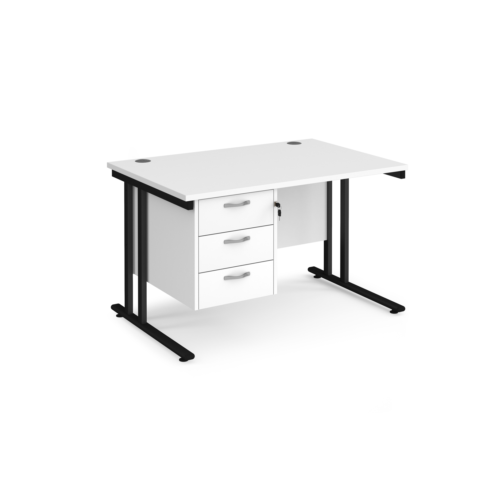 Rectangular Desks Maestro 25 straight desk 1200mm x 800mm with 3 drawer pedestal - black cantilever leg frame, white top