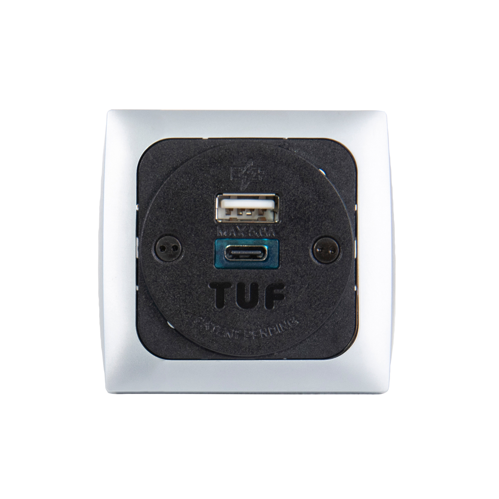Plug Socket Proton panel mounted power module 1 x UK socket, 1 x TUF (A&C connectors) USB charger - silver/black