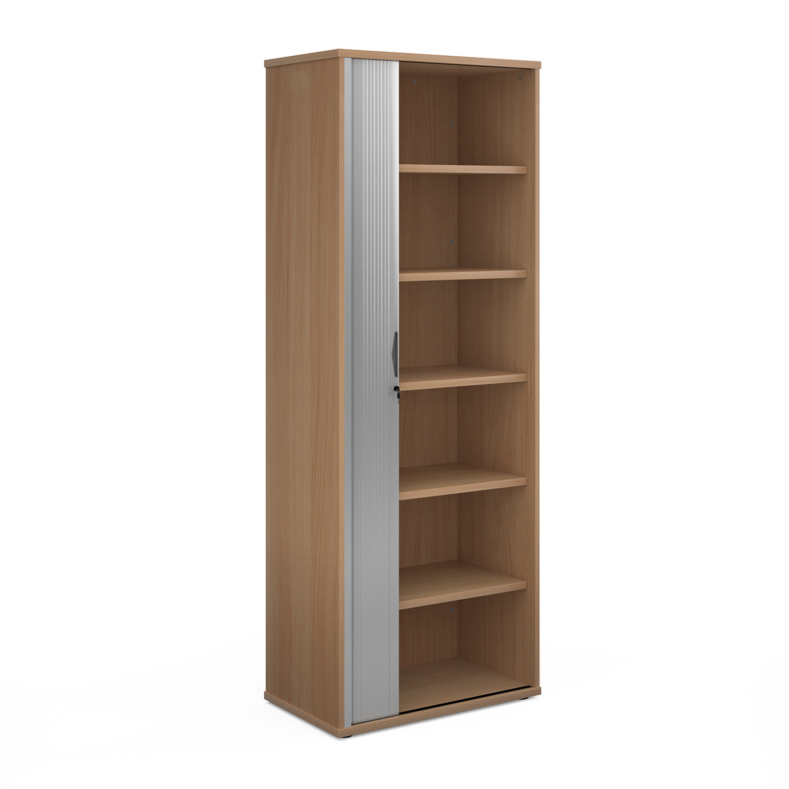 Over 1200mm High Universal single door tambour cupboard 2140mm high with 5 shelves - beech with silver door