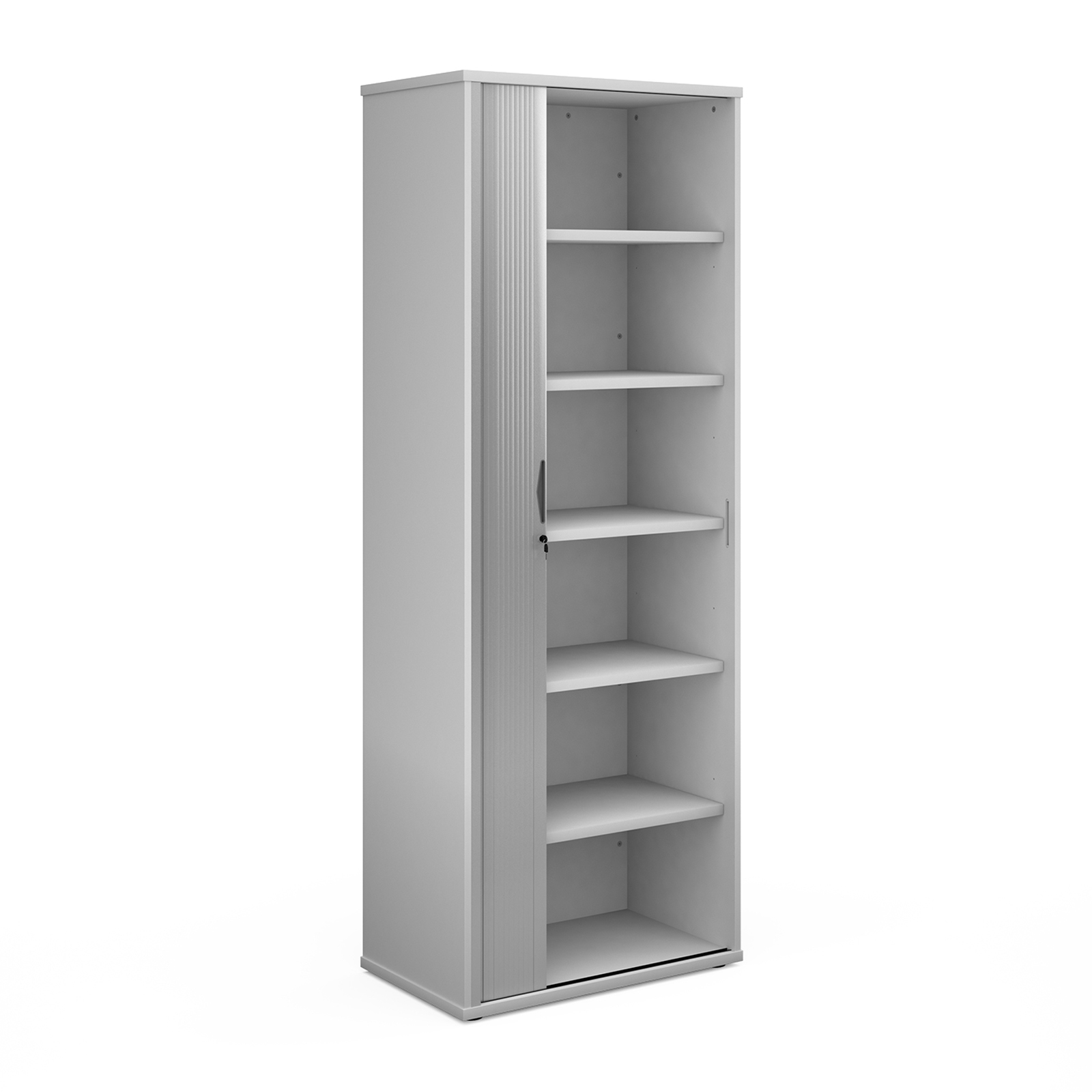 Over 1200mm High Universal single door tambour cupboard 2140mm high with 5 shelves - white with silver door