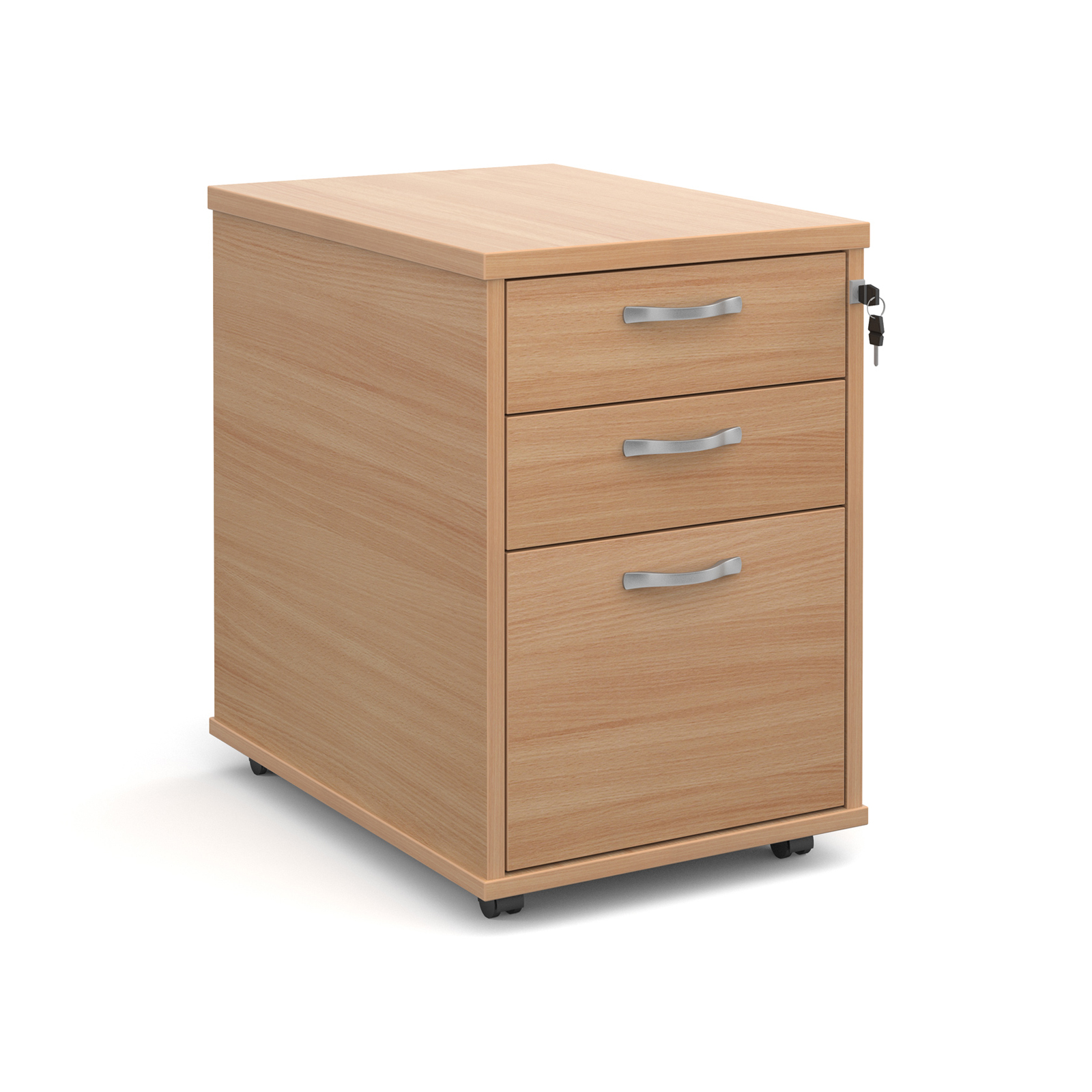 3 Drawer Tall mobile 3 drawer pedestal with silver handles 600mm deep - beech