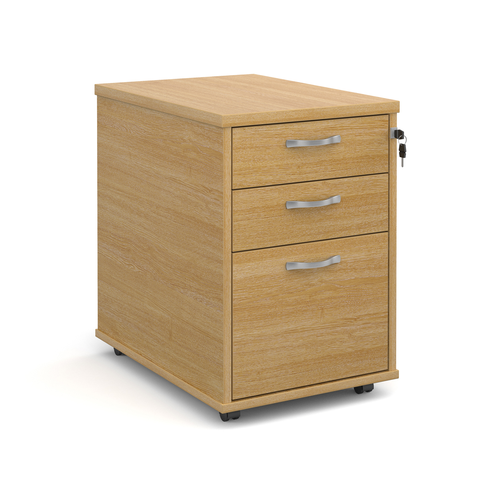 3 Drawer Tall mobile 3 drawer pedestal with silver handles 600mm deep - oak