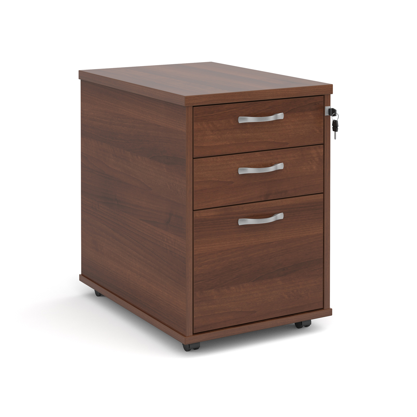 3 Drawer Tall mobile 3 drawer pedestal with silver handles 600mm deep - walnut